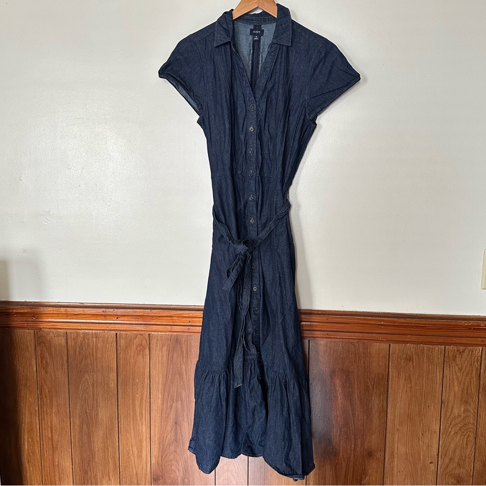 J. Crew Denim Tie Waist Tiered Hem Midi Dress Size 8 Old Money Preppy Minimalist - Picture 5 of 14